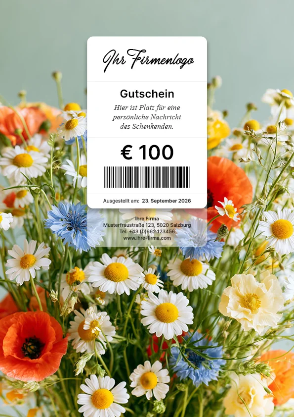 Beispiel eines gestalteten A4-Gutscheins mit bunten Wiesenblumen, Betrag und Barcode
