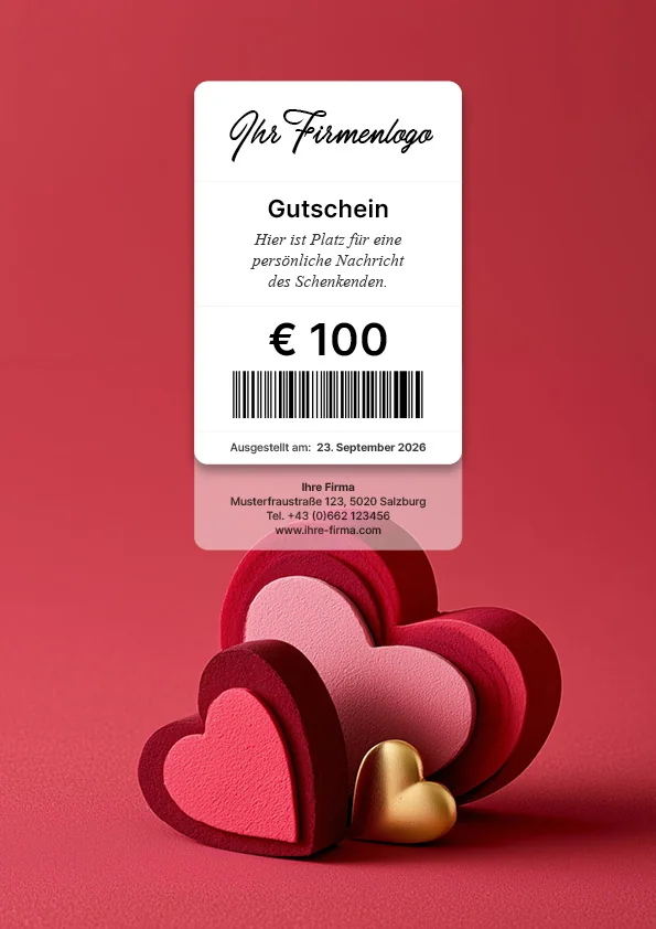 Gutscheinmotiv mit roten und goldenen Herzen